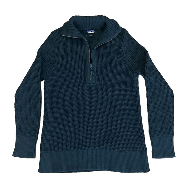 Patagonia Sweater Women XS Gray Ponderosa‎ Pine Waffle Knit 1/4 Zip Organic Blen - Picture 1 of 10